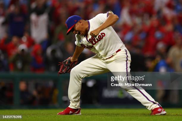 Ranger Suarez of the Philadelphia Phillies celebrates after the Phillies defeated the San Diego Padres in game five to win the National League...