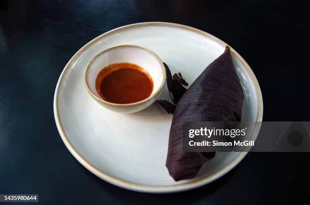 tamal de zanahoria con mole rojo (carrot tamale steamed in a purple corn husk with red mole sauce) on a plate - zanahoria stock pictures, royalty-free photos & images