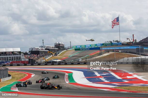 Max Verstappen of Red Bull Racing and The Netherlands leads during the restart during the F1 Grand Prix of USA at Circuit of The Americas on October...