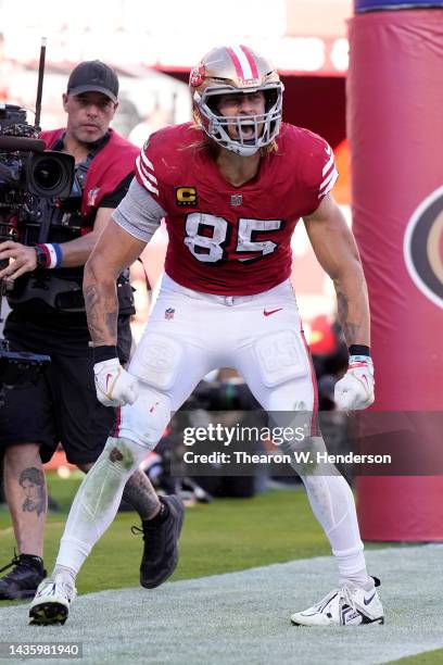 George Kittle of the San Francisco 49ers celebrates after catching a touchdown pass in the fourth quarter against the Kansas City Chiefs at Levi's...