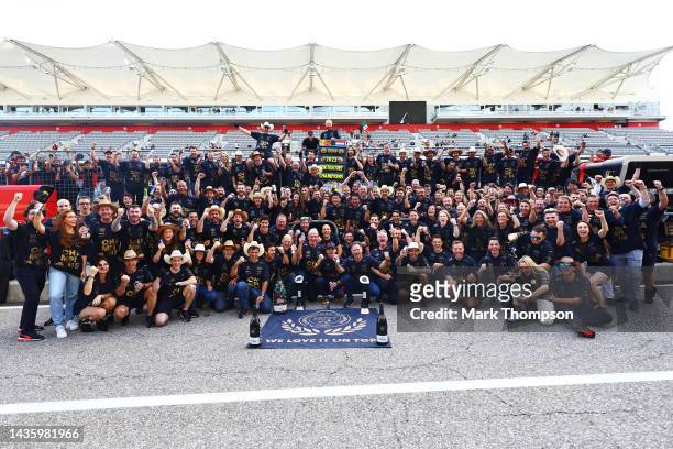 Race winner Max Verstappen of the Netherlands and Oracle Red Bull Racing celebrates winning the F1 World Constructors Championship with his team...