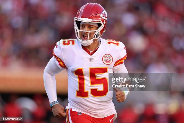 Patrick Mahomes of the Kansas City Chiefs celebrates a touchdown in the fourth quarter against the San Francisco 49ers at Levi's Stadium on October...