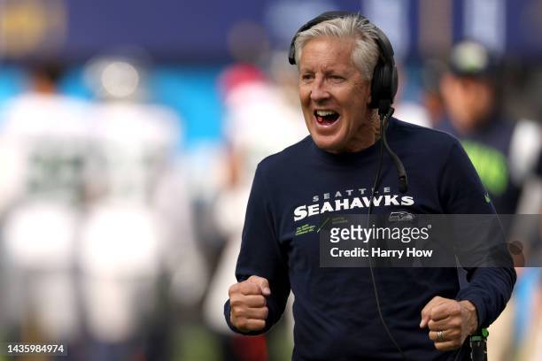 Head coach Pete Carroll of the Seattle Seahawks celebrates a touchdown during the first quarter of the game against the Los Angeles Chargers at SoFi...