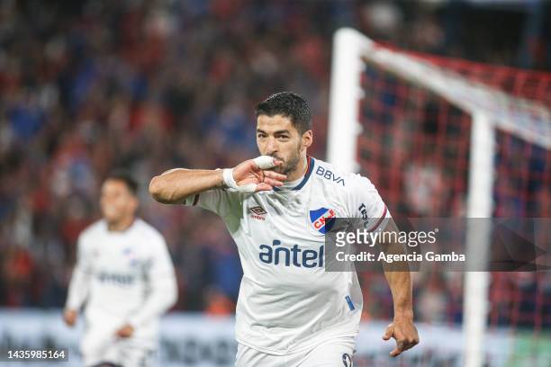 Luis Suarez of Nacional celebrates after scoring the second goal of his team during a match between Nacional and Danubio as part of the Torneo...