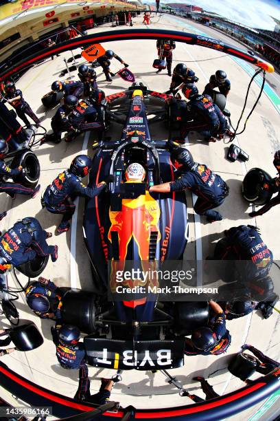 Max Verstappen of the Netherlands driving the Oracle Red Bull Racing RB18 comes in for a pit stop during the F1 Grand Prix of USA at Circuit of The...