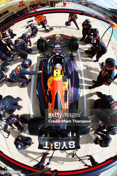 Sergio Perez of Mexico driving the Oracle Red Bull Racing RB18 comes in for a pit stop during the F1 Grand Prix of USA at Circuit of The Americas on...