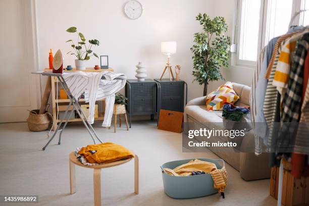 small cozy apartment with no people - messy living room stock pictures, royalty-free photos & images