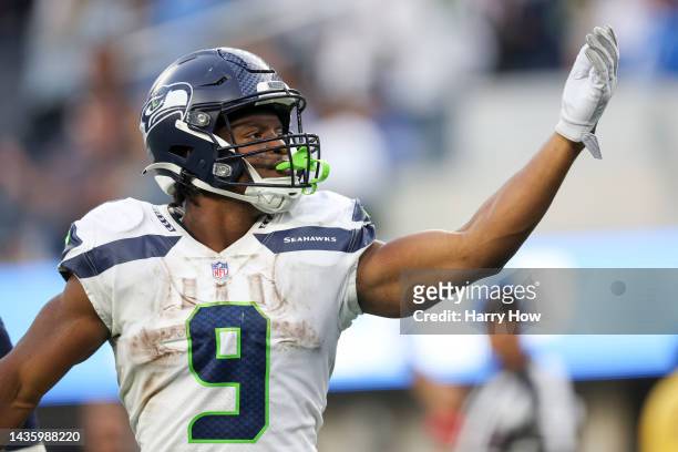 Kenneth Walker III of the Seattle Seahawks celebrates a touchdown during the fourth quarter of the game against the Los Angeles Chargers at SoFi...