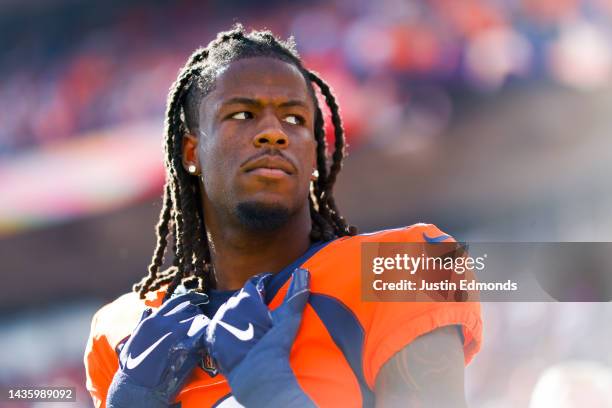 Jerry Jeudy of the Denver Broncos looks onward during pregame against the New York Jets at Empower Field At Mile High on October 23, 2022 in Denver,...