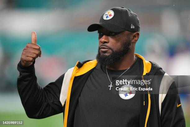 Head coach Mike Tomlin of the Pittsburgh Steelers reacts prior to the game against the Miami Dolphins at Hard Rock Stadium on October 23, 2022 in...