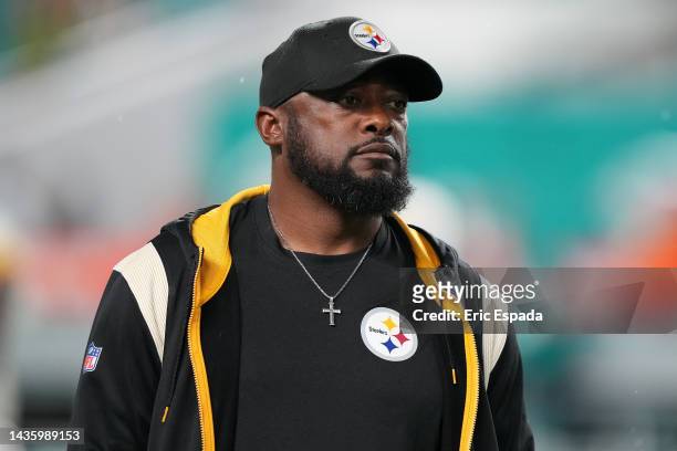 Head coach Mike Tomlin of the Pittsburgh Steelers looks on prior to the game against the Miami Dolphins at Hard Rock Stadium on October 23, 2022 in...