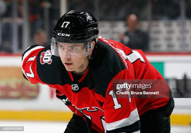 Yegor Sharangovich of the New Jersey Devils skates against the San Jose Sharks at the Prudential Center on October 22, 2022 in Newark, New Jersey.