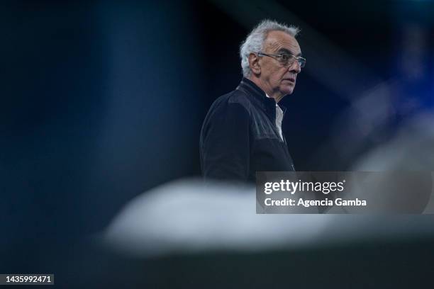 Jorge Fossati coach of Danubio looks on during a match between Nacional and Danubio as part of the Torneo Clausura 2022 at Gran Parque Central on...