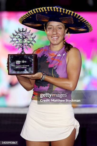 Jessica Pegula of the United States poses with the Tree of Life Trophy after defeating Maria Sakkari of Greece during the final of the WTA...