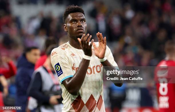 Benoit Badiashile of Monaco salutes the supporters following the Ligue 1 match between Lille OSC and AS Monaco at Stade Pierre-Mauroy on October 23,...