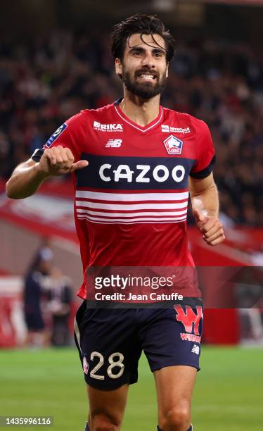 Andre Tavares Gomes of Lille celebrates a goal during the Ligue 1 match between Lille OSC and AS Monaco at Stade Pierre-Mauroy on October 23, 2022 in...