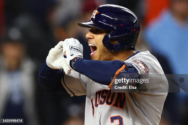 Jeremy Pena of the Houston Astros celebrates his three-run home run in the third inning against the New York Yankees in game four of the American...