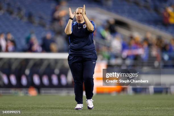 Head coach Laura Harvey of OL Reign reacts after losing to Kansas City 2-0 in a NWSL semifinal match at Lumen Field on October 23, 2022 in Seattle,...