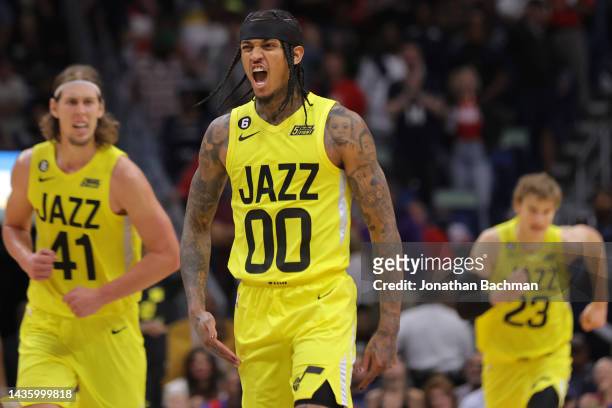 Jordan Clarkson of the Utah Jazz reacts after scoring during overtime at the Smoothie King Center on October 23, 2022 in New Orleans, Louisiana. NOTE...