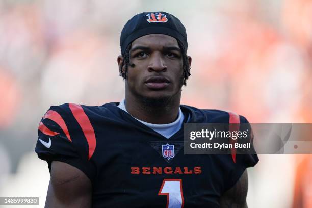 Ja'Marr Chase of the Cincinnati Bengals walks off the field after beating the Atlanta Falcons 35-17 at Paycor Stadium on October 23, 2022 in...