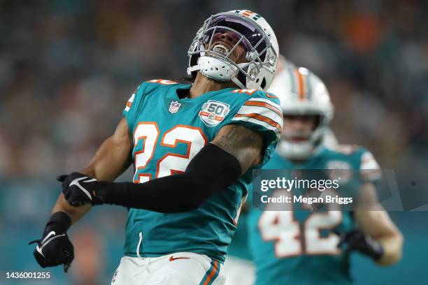 Elijah Campbell of the Miami Dolphins celebrates a defensive stop during the second quarter against the Pittsburgh Steelers at Hard Rock Stadium on...