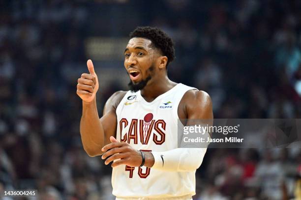 Donovan Mitchell of the Cleveland Cavaliers reacts during the second quarter against the Washington Wizards at Rocket Mortgage Fieldhouse on October...