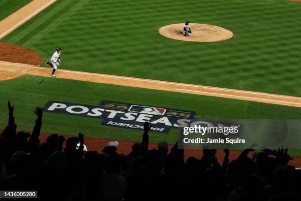 Aaron Judge of the New York Yankees hits a pop fly during the fourth inning against the Houston Astros in game four of the American League...