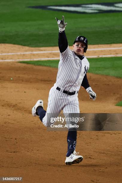 Harrison Bader of the New York Yankees celebrates his solo home run in the sixth inning against the Houston Astros in game four of the American...