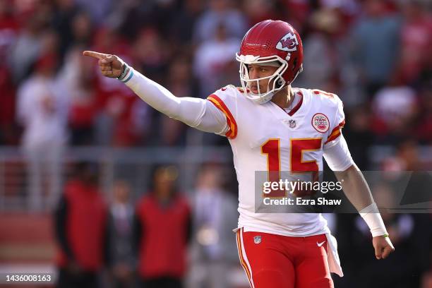 Patrick Mahomes of the Kansas City Chiefs reacts during the second half against the San Francisco 49ers at Levi's Stadium on October 23, 2022 in...