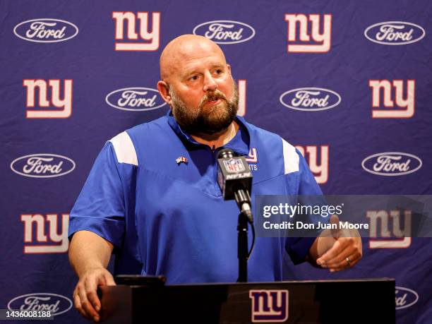 Head Coach Brian Daboll of the New York Giants talk with the media during the post game press conference after the game against the Jacksonville...
