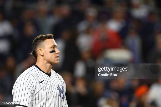 Aaron Judge of the New York Yankees looks on during the sixth inning against the Houston Astros in game four of the American League Championship...