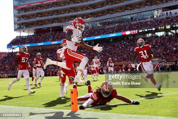 Mecole Hardman of the Kansas City Chiefs scores a touchdown in the second quarter against the San Francisco 49ers at Levi's Stadium on October 23,...