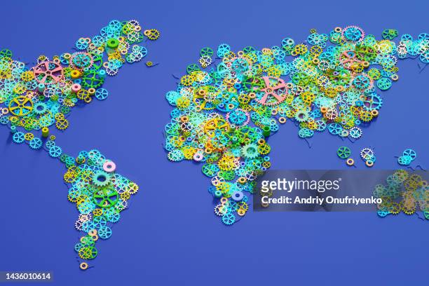 world map data gear wheels. - interlocked stock-fotos und bilder