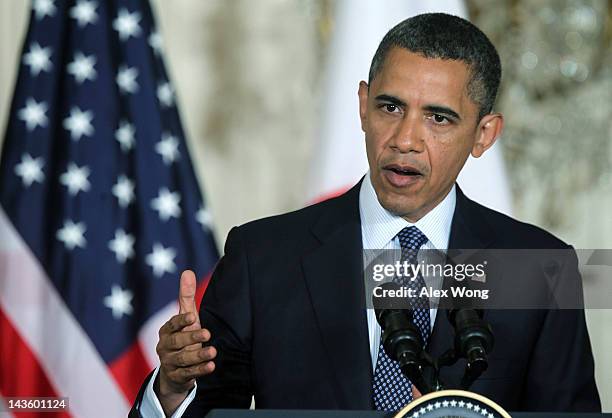 President Barack Obama speaks during a news conference with Japanese Prime Minister Yoshihiko Noda at the East Room of the White House April 30, 2012...