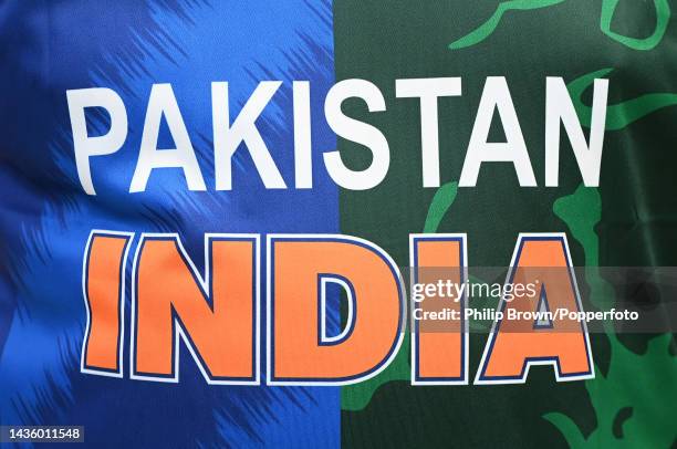 Shirt showing support for both teams worn outside the stadium before the ICC Men's T20 World Cup match between India and Pakistan at Melbourne...