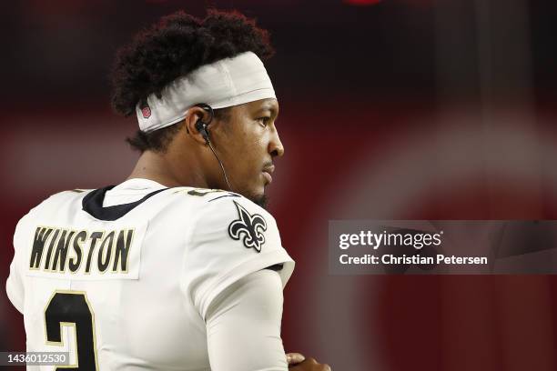 Quarterback Jameis Winston of the New Orleans Saints during the NFL game at State Farm Stadium on October 20, 2022 in Glendale, Arizona. The...