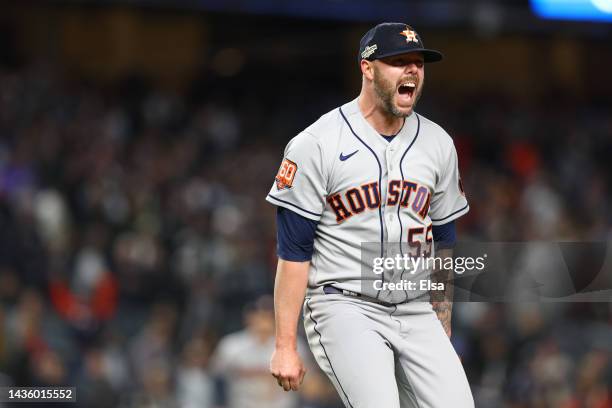 Ryan Pressly of the Houston Astros celebrates after defeating the New York Yankees in game four to win the American League Championship Series at...