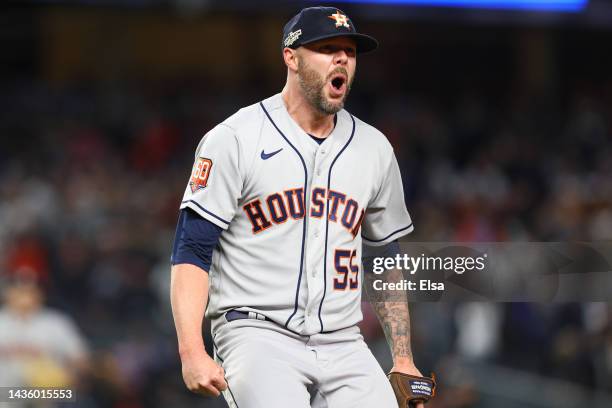 Ryan Pressly of the Houston Astros celebrates after defeating the New York Yankees in game four to win the American League Championship Series at...