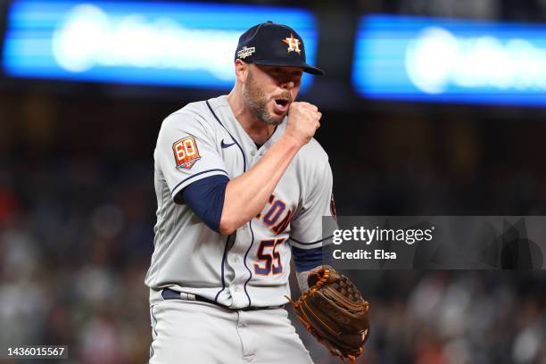 Ryan Pressly of the Houston Astros celebrates after defeating the New York Yankees in game four to win the American League Championship Series at...