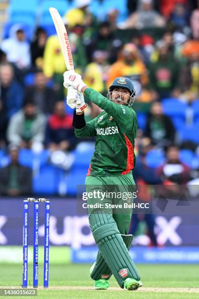 Soumya Sarkar of Bangladesh bats during the ICC Men's T20 World Cup match between Bangladesh and the Netherlands at Bellerive Oval on October 24,...