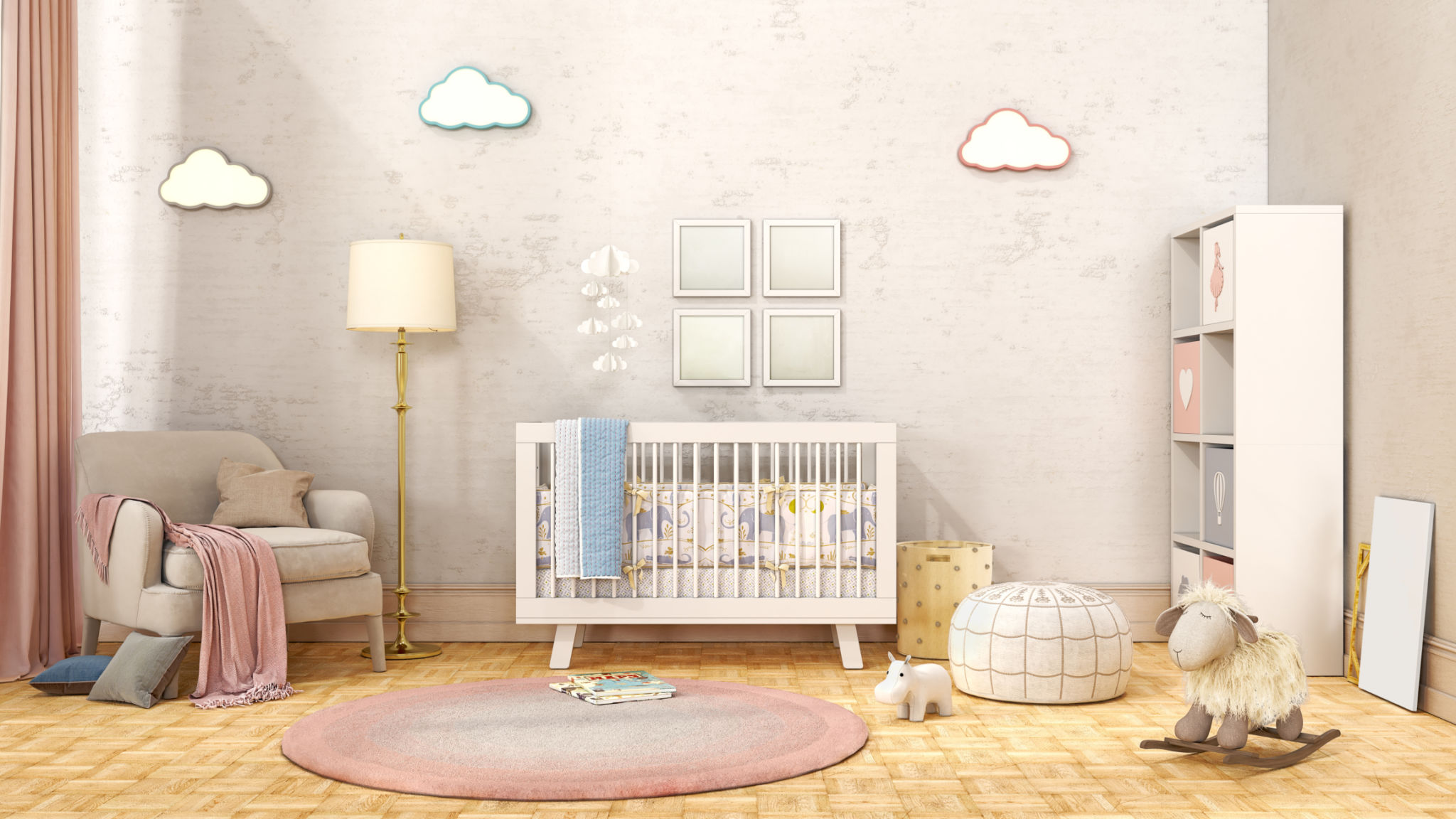 Soft pink and white girl's children room with cradle, cozy armchair, round rug, fluffy sheep toy and shelf with toys, 3d illustration Soft pink and white girl's children room with cradle, cozy armchair, round rug, fluffy sheep toy and shelf with toys, 3d illustration