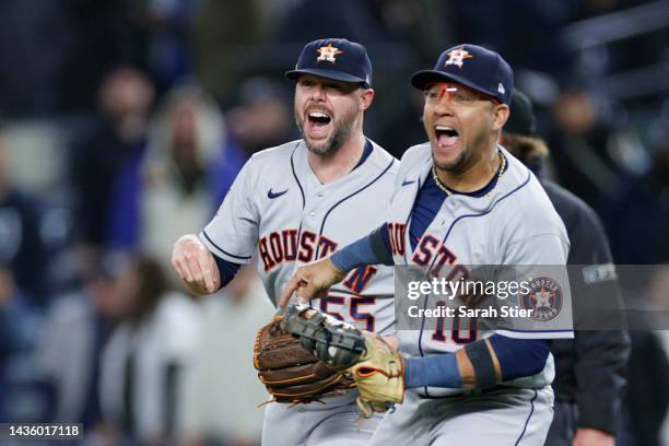 Yuli Gurriel, and Ryan Pressly of the Houston Astros celebrate defeating the New York Yankees in game four of the American League Championship Series...