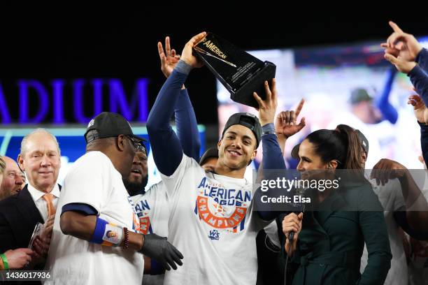 Jeremy Pena of the Houston Astros is announced as the American League Championship Series MVP after defeating the New York Yankees in game four to...