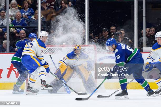 Craig Anderson of the Buffalo Sabres watches the play after being sprayed with ice during the second period of their NHL game against the Vancouver...