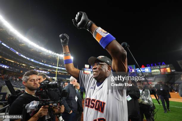 Dusty Baker Jr. #12 of the Houston Astros celebrates after winning game four of the American League Championship Series against the New York Yankees...