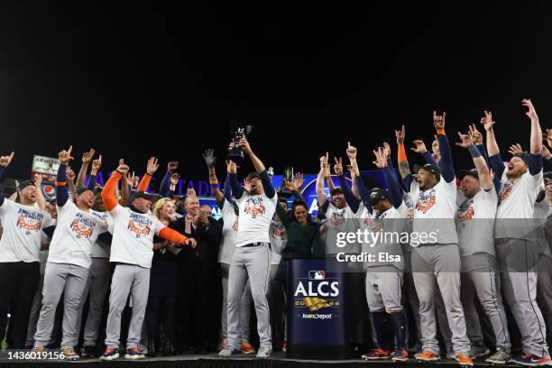 The Houston Astros celebrate defeating the New York Yankees in game four of the American League Championship Series to advance to the World Series at...