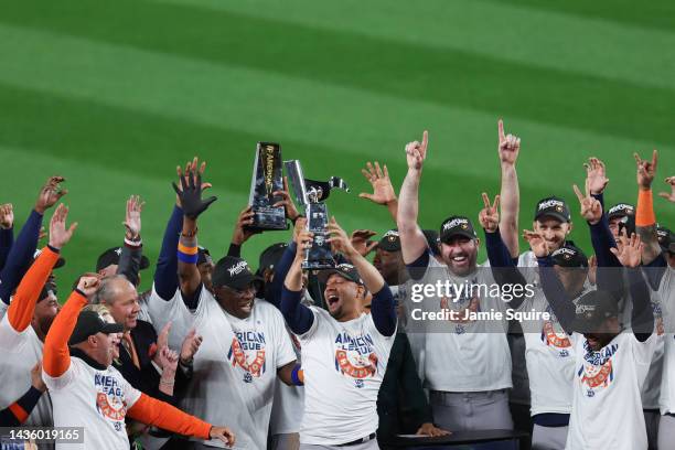 The Houston Astros celebrate defeating the New York Yankees in game four of the American League Championship Series to advance to the World Series at...
