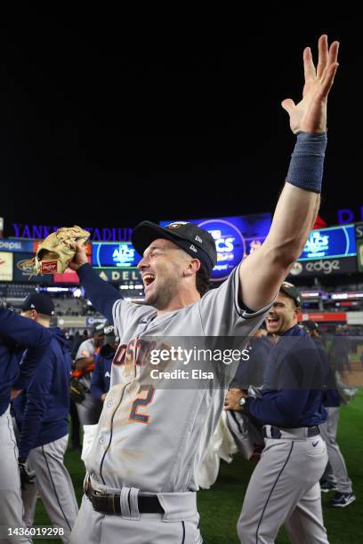 Alex Bregman of the Houston Astros celebrates after defeating the New York Yankees in game four of the American League Championship Series to advance...