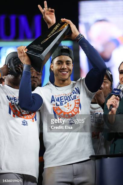 Jeremy Pena of the Houston Astros is announced as the American League Championship Series MVP after defeating the New York Yankees in game four to...