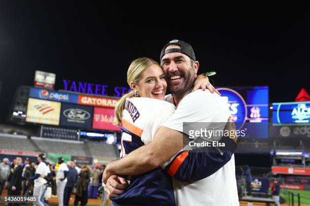 Justin Verlander of the Houston Astros celebrates with his wife Kate Upton following defeating the New York Yankees in game four of the American...
